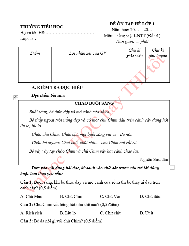 Đề ôn tập hè lớp 1 lên lớp 2 môn Tiếng Việt