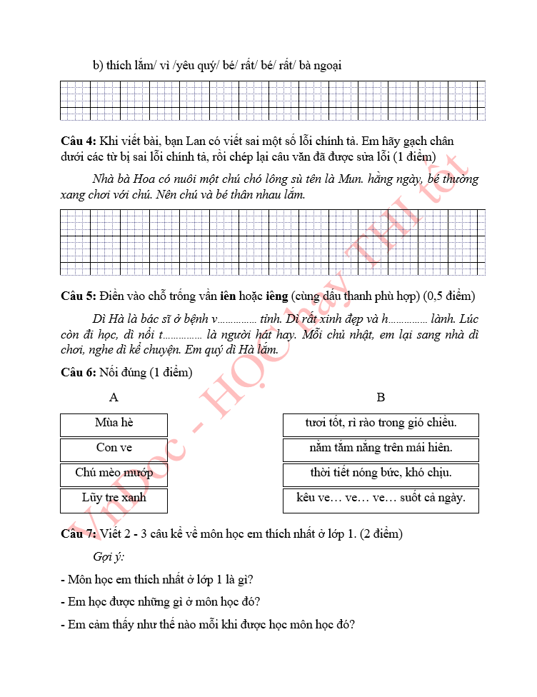 Phiếu bài tập ôn hè lớp 1 lên lớp 2 môn Tiếng Việt