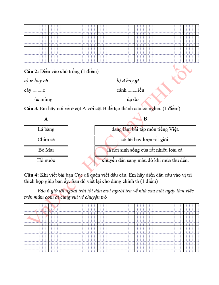 Đề ôn tập hè lớp 1 lên lớp 2 môn Tiếng Việt