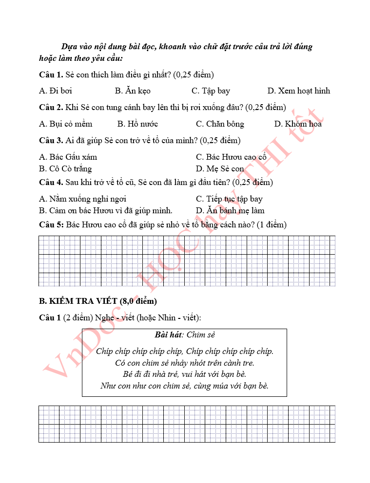 Đề ôn tập hè lớp 1 lên lớp 2 môn Tiếng Việt