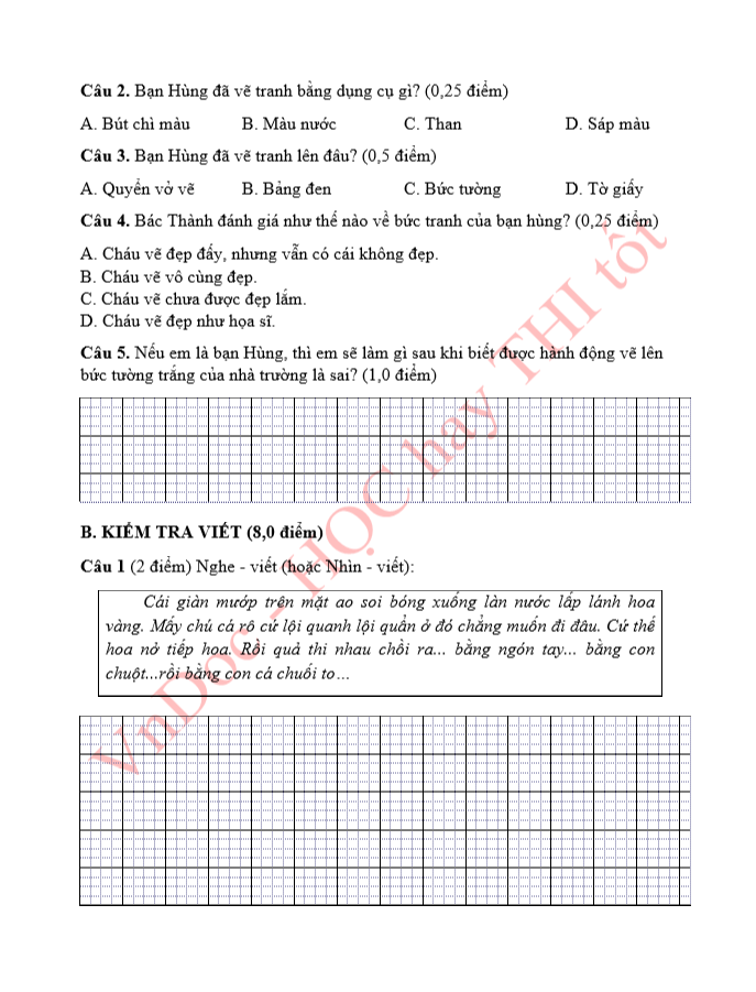 Đề ôn tập hè lớp 1 lên lớp 2 môn Tiếng Việt