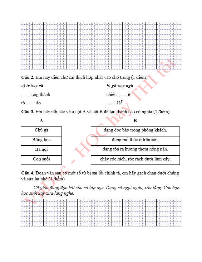 Đề ôn tập hè lớp 1 lên lớp 2 môn Tiếng Việt