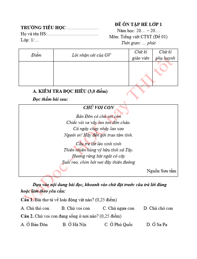 Phiếu bài tập ôn hè lớp 1 lên lớp 2 môn Tiếng Việt