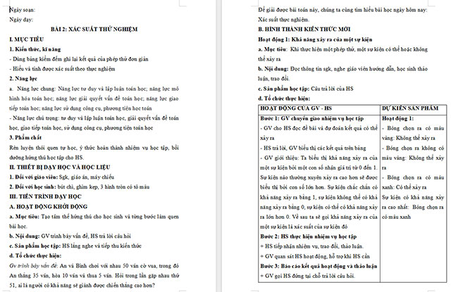 Giáo án Toán 6 Xác suất thực nghiệm