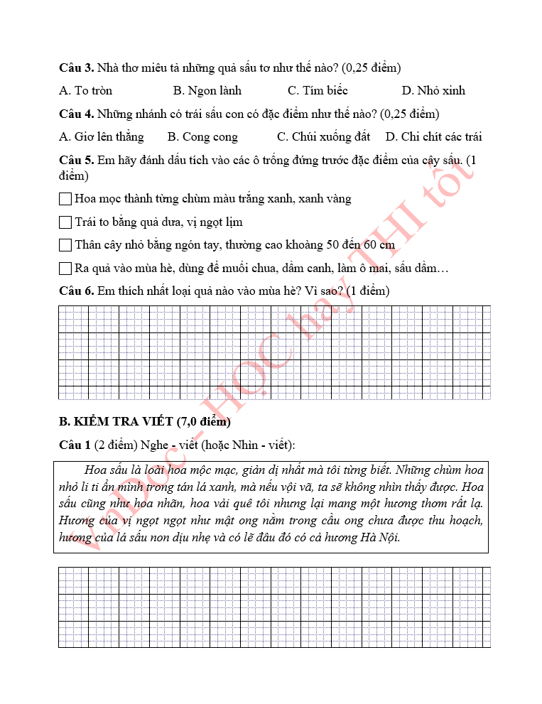 Đề ôn tập hè lớp 1 lên lớp 2 môn Tiếng Việt