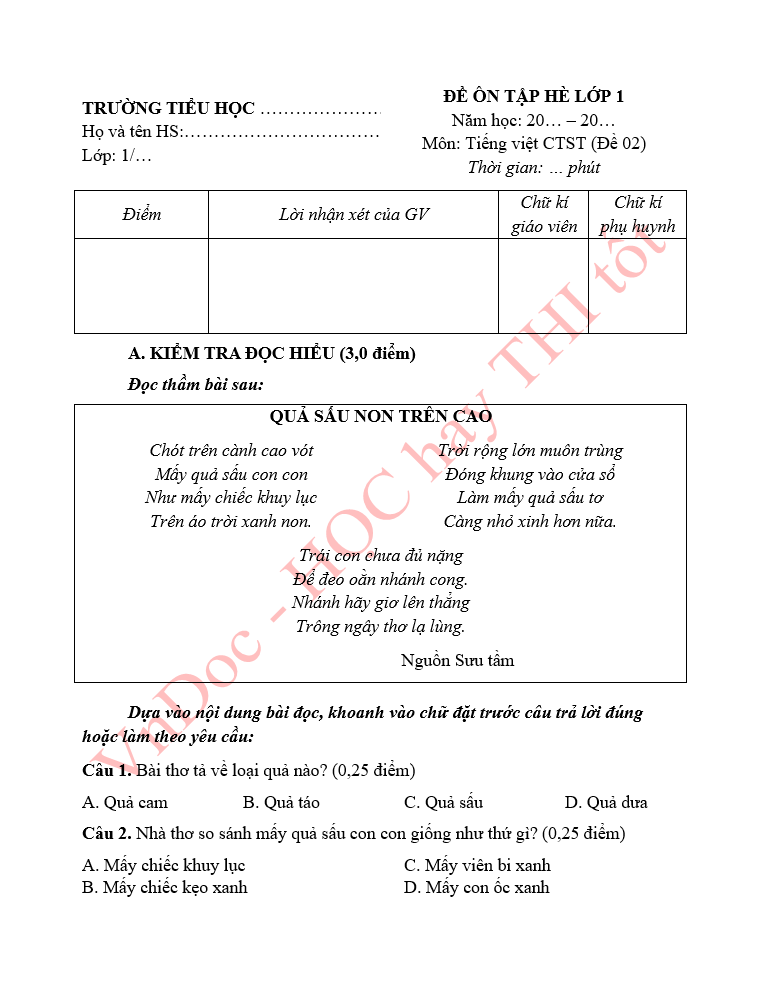 Đề ôn tập hè lớp 1 lên lớp 2 môn Tiếng Việt