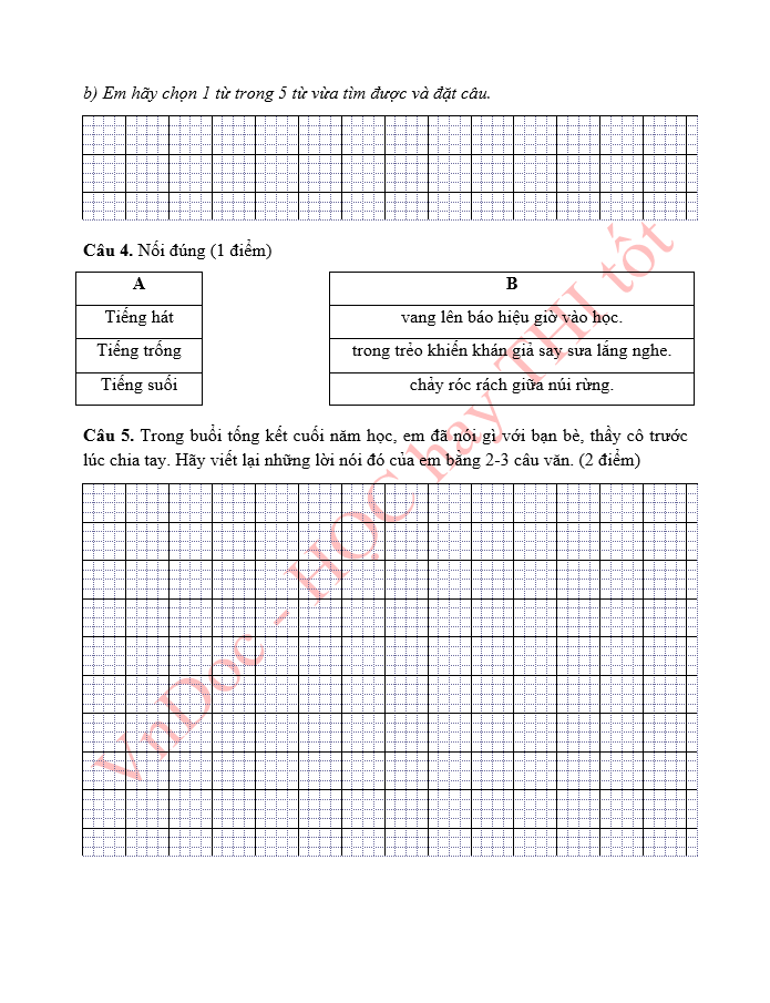 Đề ôn tập hè lớp 1 lên lớp 2 môn Tiếng Việt