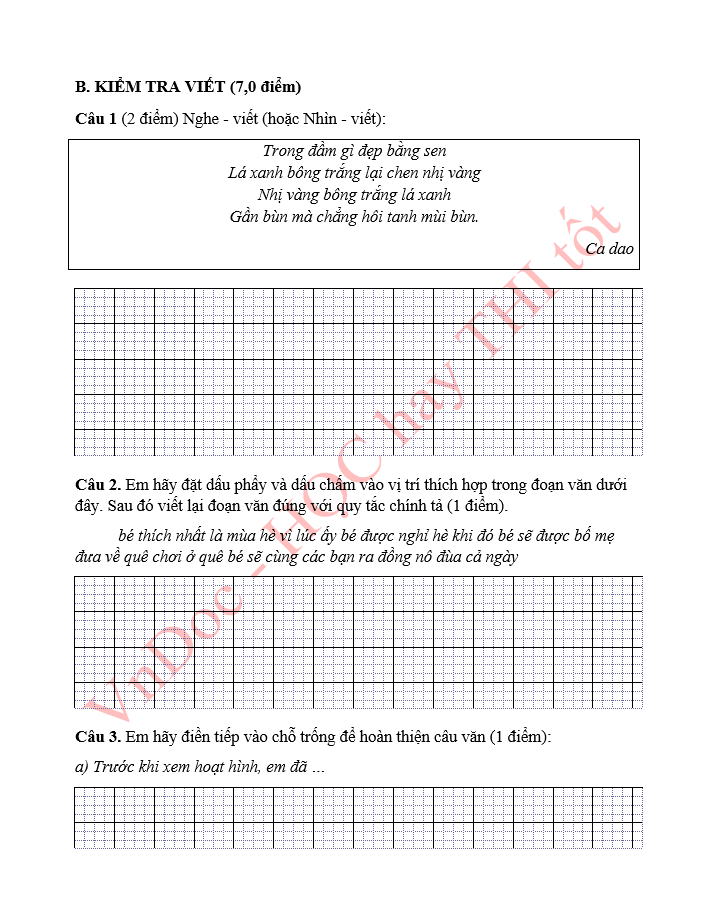 Đề ôn tập hè lớp 1 lên lớp 2 môn Tiếng Việt