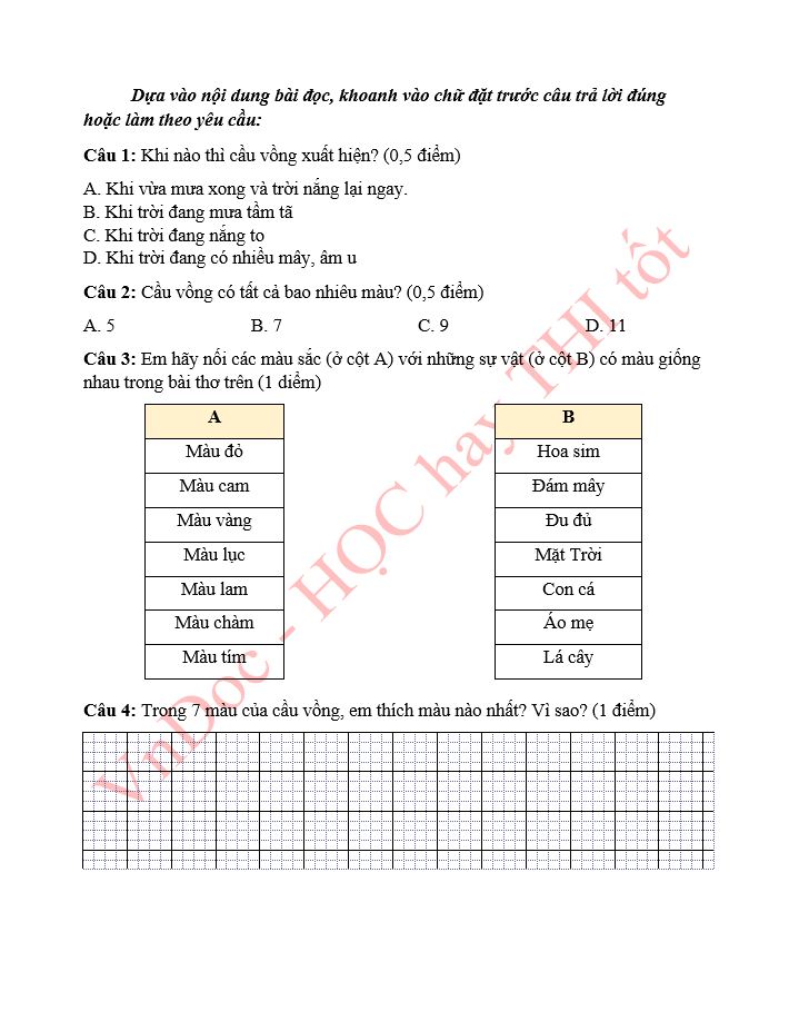 Đề ôn tập hè lớp 1 lên lớp 2 môn Tiếng Việt