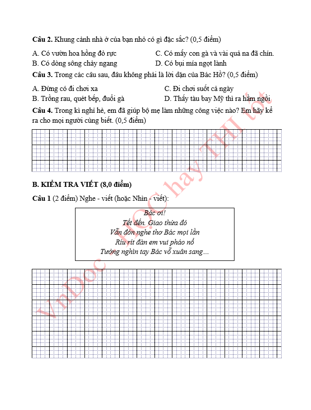 Đề ôn tập hè lớp 1 lên lớp 2 môn Tiếng Việt