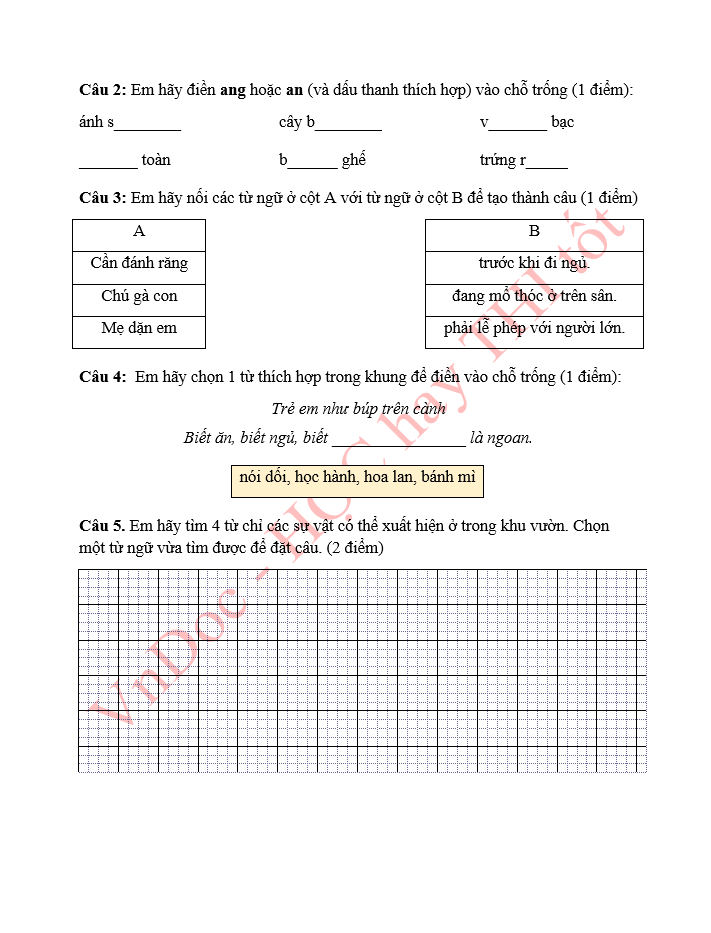 Đề ôn tập hè lớp 1 lên lớp 2 môn Tiếng Việt