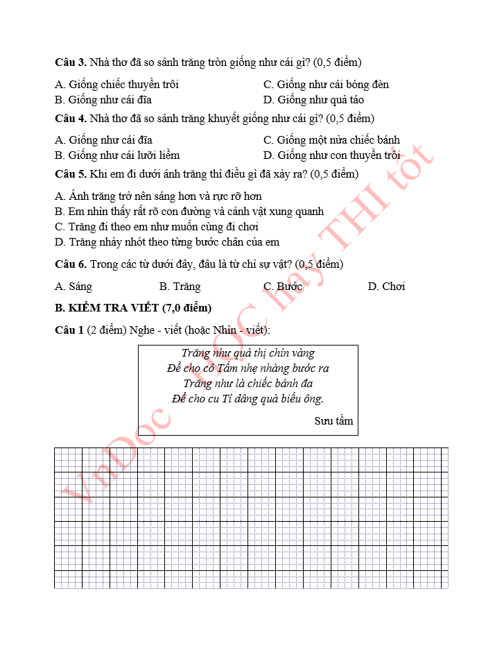 Đề ôn tập hè lớp 1 lên lớp 2 môn Tiếng Việt