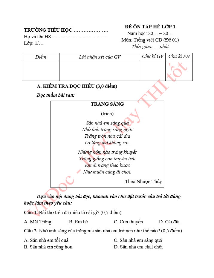 Đề ôn tập hè lớp 1 lên lớp 2 môn Tiếng Việt