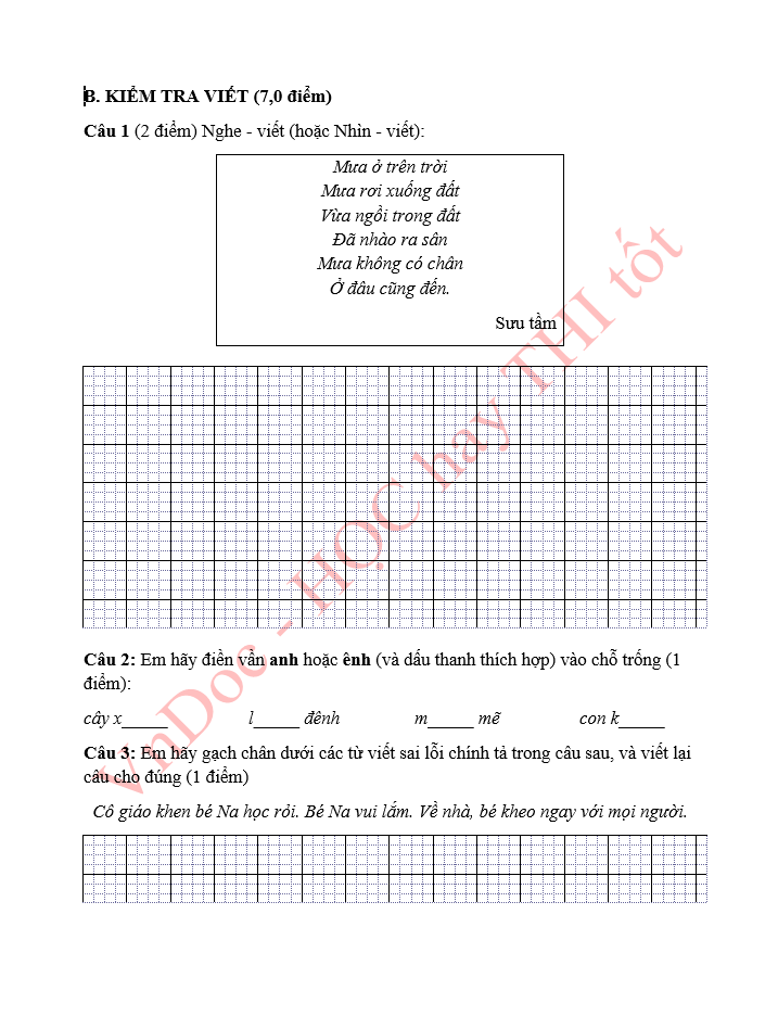 Đề ôn tập hè lớp 1 lên lớp 2 môn Tiếng Việt