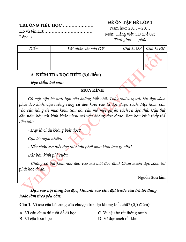 Đề ôn tập hè lớp 1 lên lớp 2 môn Tiếng Việt