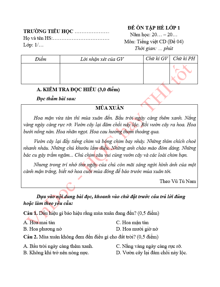 Đề ôn tập hè lớp 1 lên lớp 2 môn Tiếng Việt