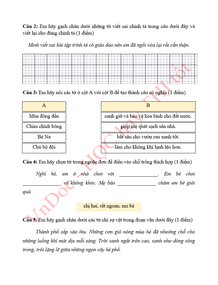 Đề ôn tập hè lớp 1 lên lớp 2 môn Tiếng Việt