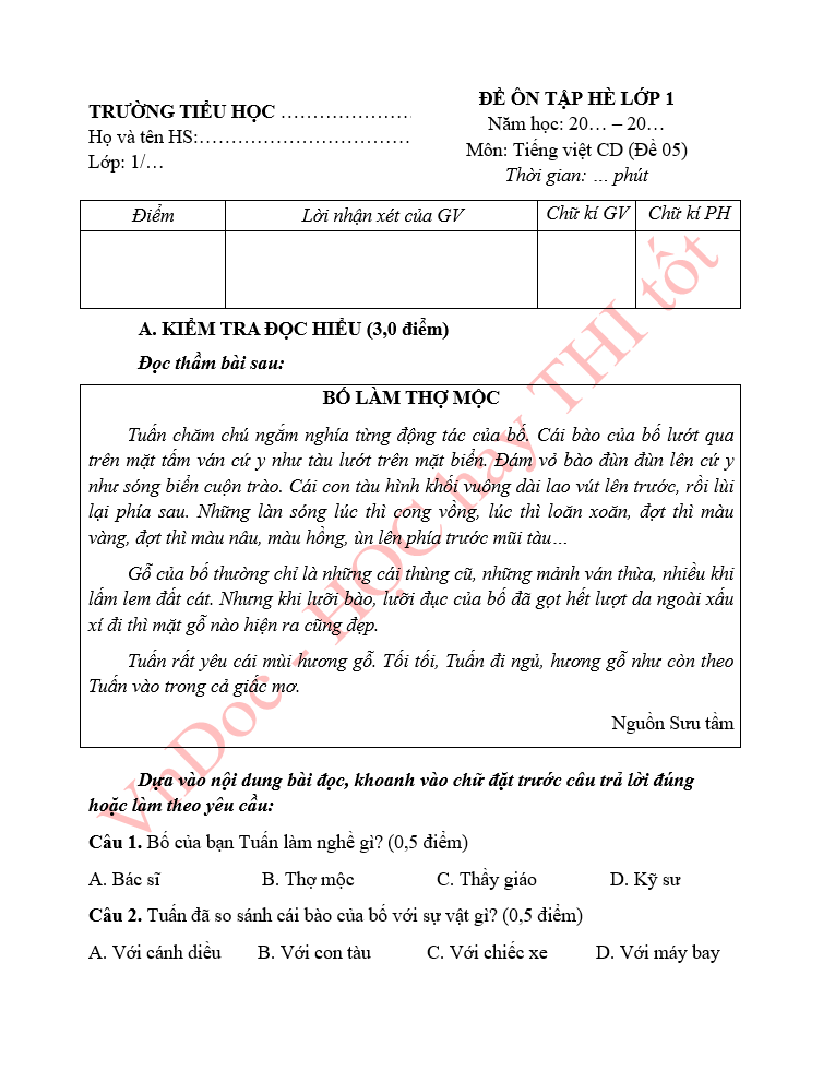 Đề ôn tập hè lớp 1 lên lớp 2 môn Tiếng Việt