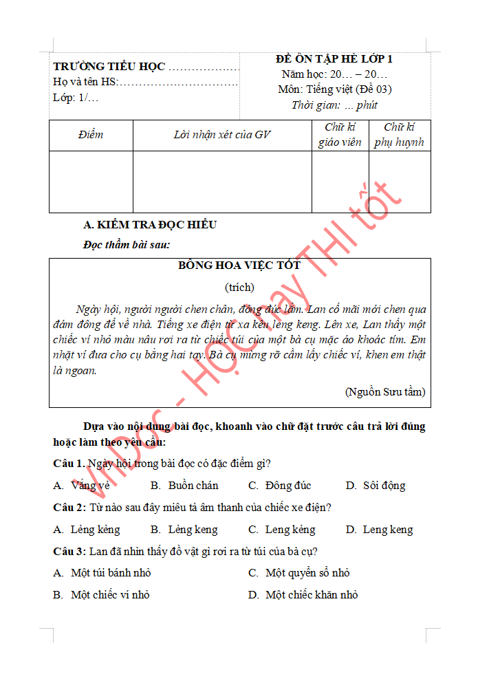 Bài tập ôn hè lớp 1 lên lớp 2 môn Tiếng Việt