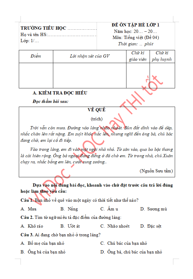 Bài tập ôn hè lớp 1 lên lớp 2 môn Tiếng Việt
