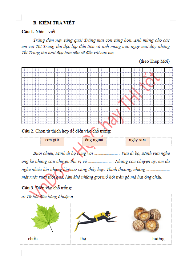 Đề ôn tập hè lớp 1 lên lớp 2 môn Tiếng Việt