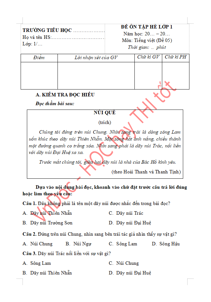 Đề ôn tập hè lớp 1 lên lớp 2 môn Tiếng Việt