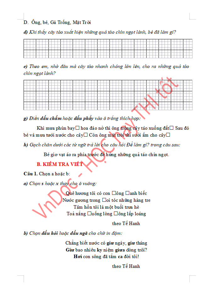 Đề ôn tập hè lớp 2 lên lớp 3 môn Tiếng Việt