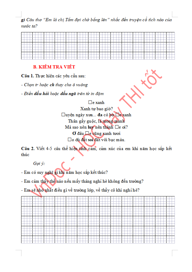 Đề ôn tập hè lớp 2 lên lớp 3 môn Tiếng Việt 