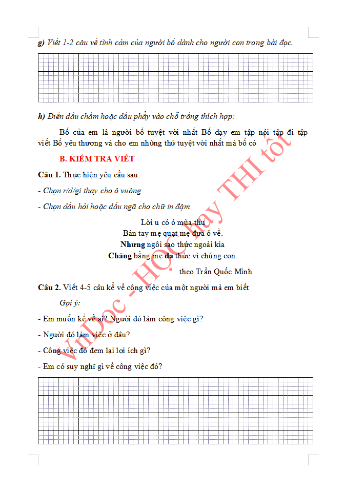 Đề ôn tập hè lớp 2 lên lớp 3 môn Tiếng Việt