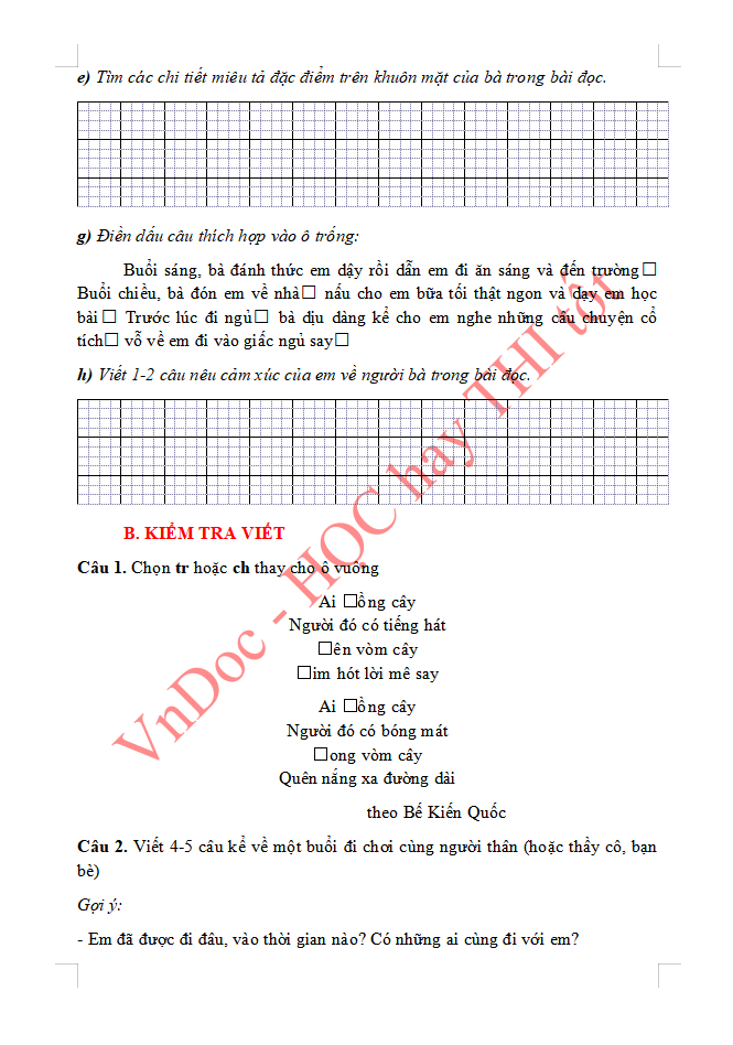 Đề ôn tập hè lớp 2 lên lớp 3 môn Tiếng Việt