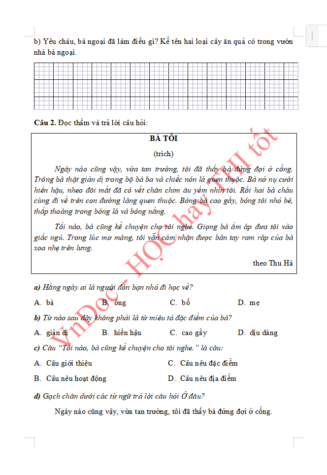 Đề ôn tập hè lớp 2 lên lớp 3 môn Tiếng Việt