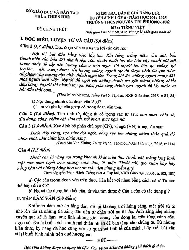 Đề thi vào lớp 6 môn Tiếng Việt THCS Nguyễn Tri Phương