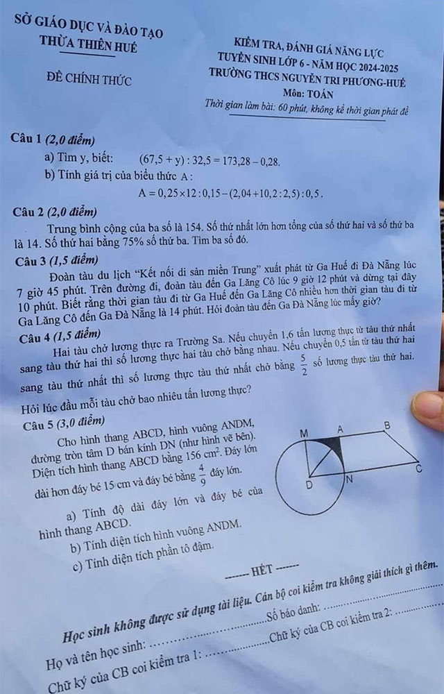 Đề thi vào lớp 6 môn Toán THCS Nguyễn Tri Phương 2024