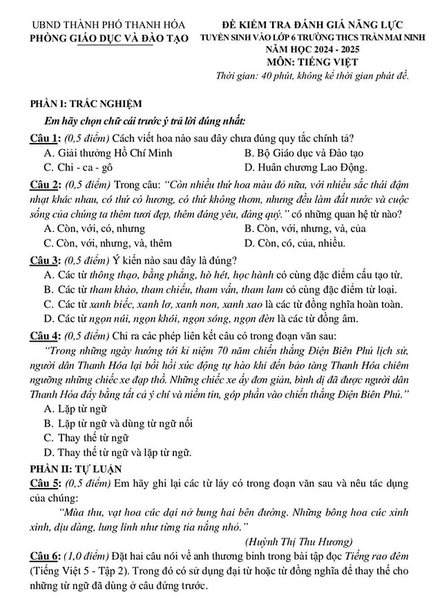 Đề thi vào lớp 6 môn Tiếng Việt