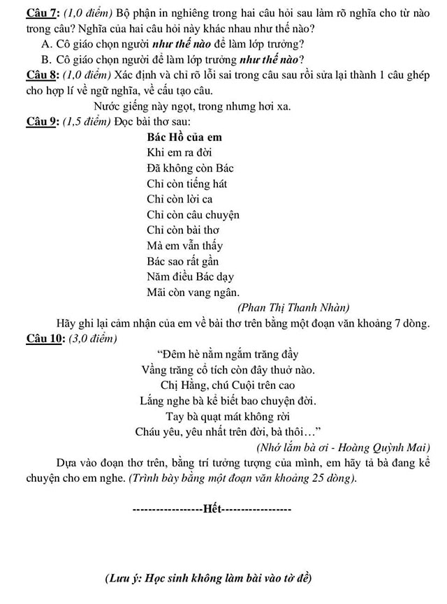 Đề thi vào lớp 6 môn Tiếng Việt