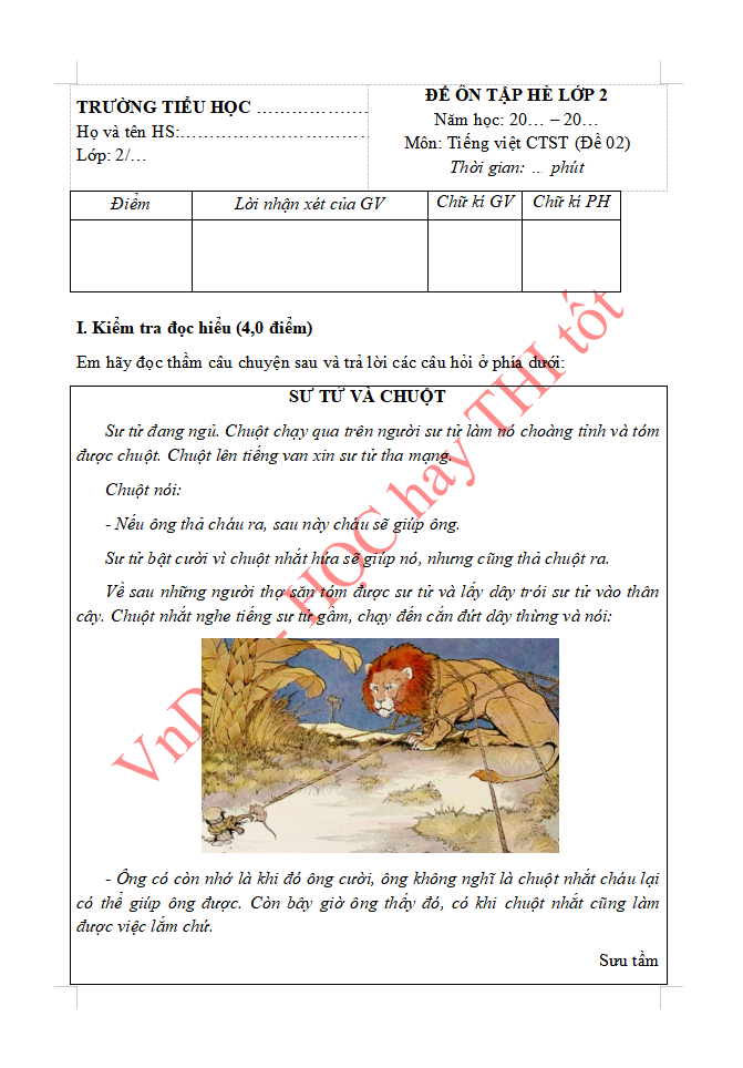 Đề ôn tập hè lớp 2 lên lớp 3 môn Tiếng Việt