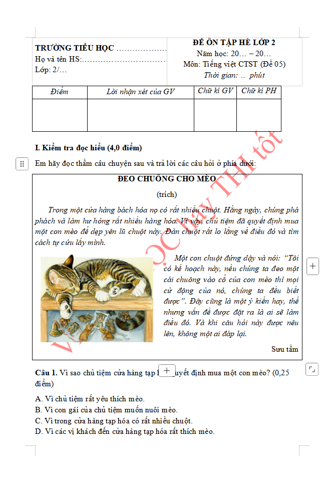 Đề ôn tập hè lớp 2 lên lớp 3 môn Tiếng Việt