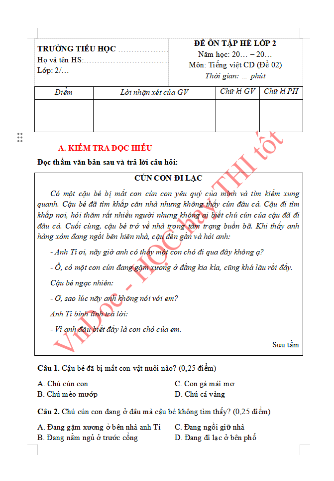 Phiếu bài tập ôn hè lớp 2 lên lớp 3 môn Tiếng Việt