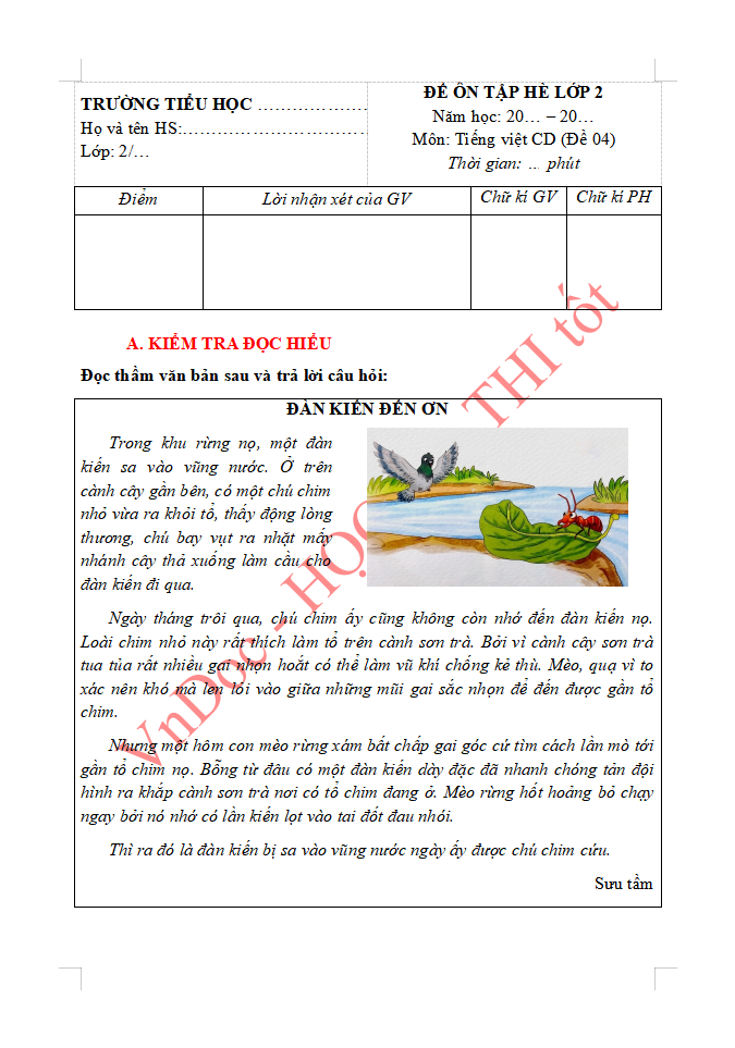 Đề ôn tập hè lớp 2 lên lớp 3 môn Tiếng Việt