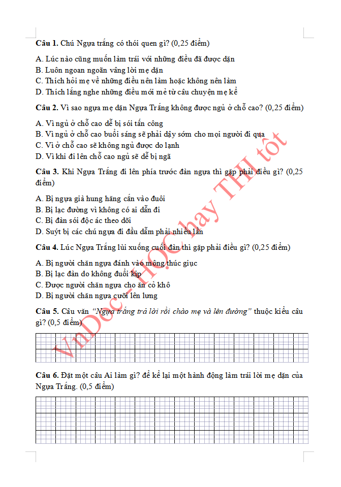 Đề ôn tập hè lớp 2 lên lớp 3 môn Tiếng Việt