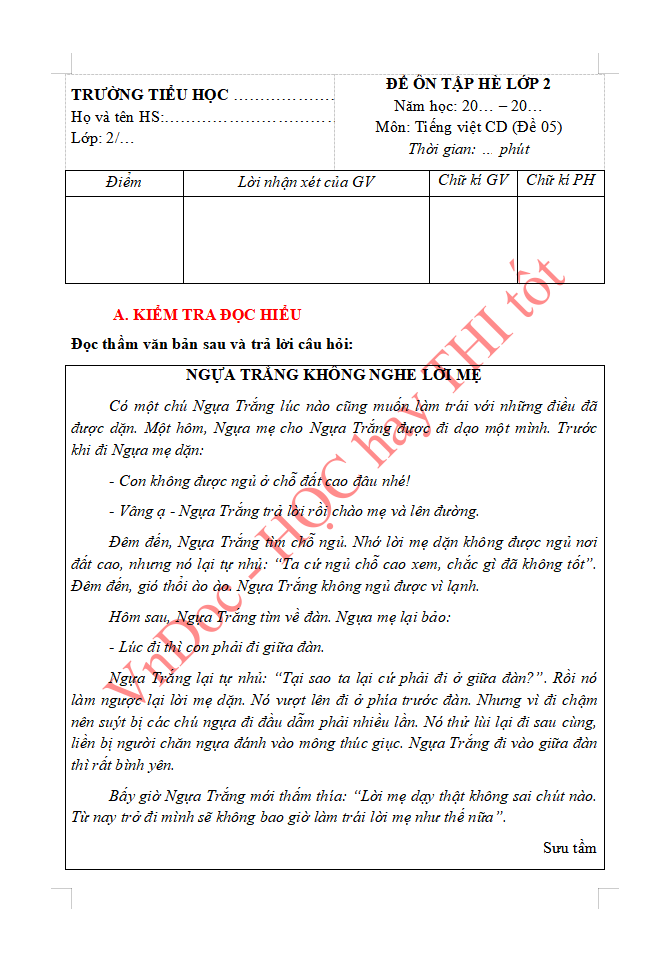 Đề ôn tập hè lớp 2 lên lớp 3 môn Tiếng Việt