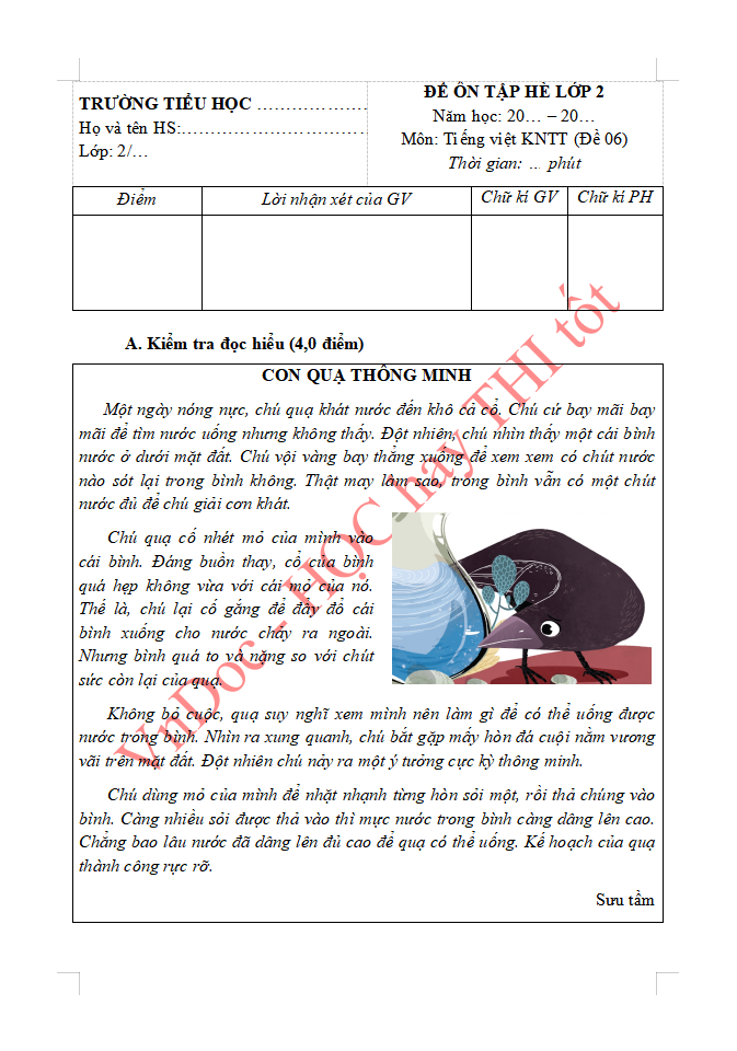 Đề ôn tập hè lớp 2 lên lớp 3 môn Tiếng Việt 