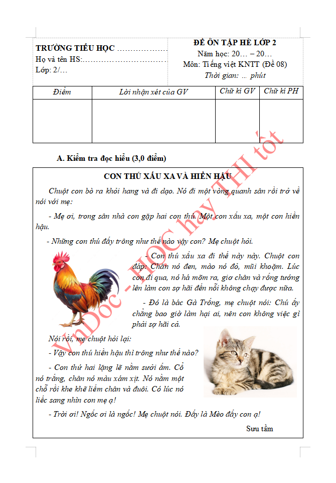 Đề ôn tập hè lớp 2 lên lớp 3 môn Tiếng Việt