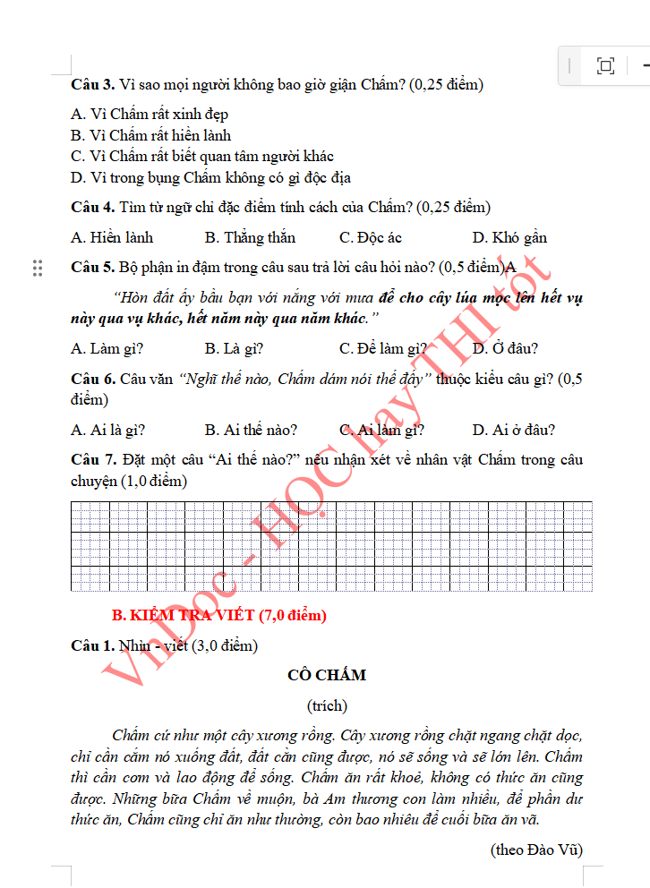 Đề ôn tập hè lớp 2 lên lớp 3 môn Tiếng Việt