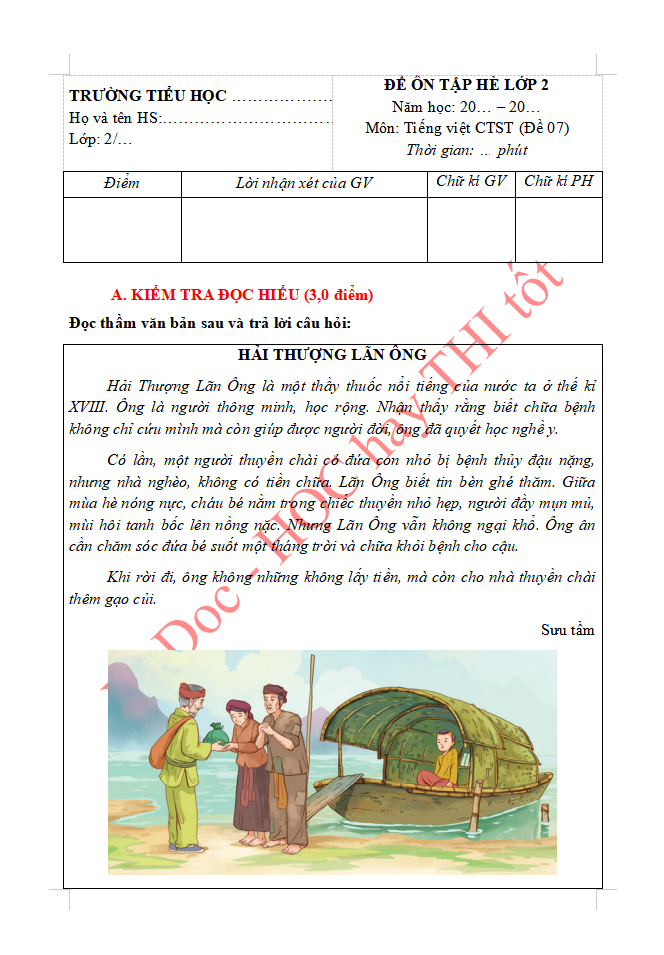 Đề ôn tập hè lớp 2 lên lớp 3 môn Tiếng Việt