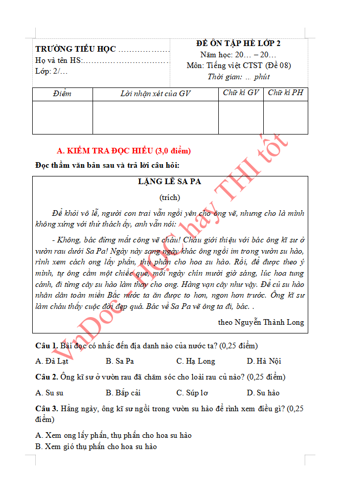 Đề ôn tập hè lớp 2 lên lớp 3 môn Tiếng Việt