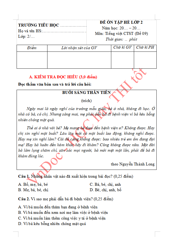 Đề ôn tập hè lớp 2 lên lớp 3 môn Tiếng Việt