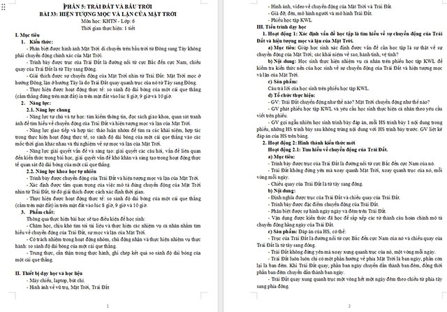 Giáo án Khoa học tự nhiên 6 Hiện tượng mọc và lặn của Mặt Trời