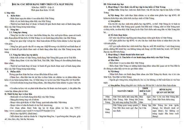 Giáo án Khoa học tự nhiên 6 Các hình dạng nhìn thấy của Mặt Trăng