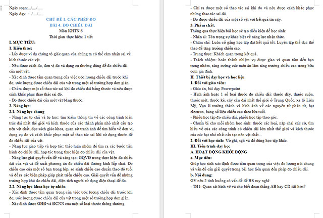 Giáo án Khoa học tự nhiên 6 Đo chiều dài